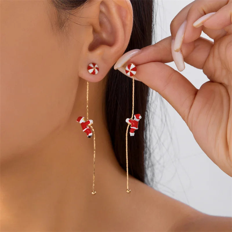 Moving Santa Tassel Dangle Earrings Asymmetric Christmas Design.