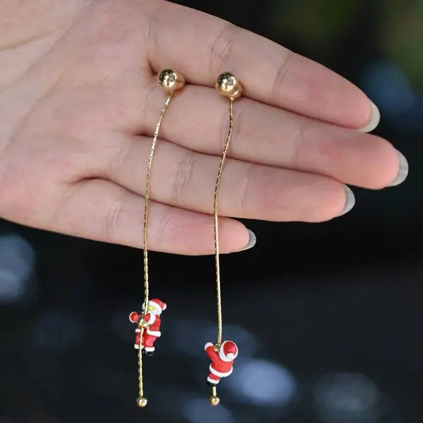 Moving Santa Tassel Dangle Earrings Asymmetric Christmas Design.