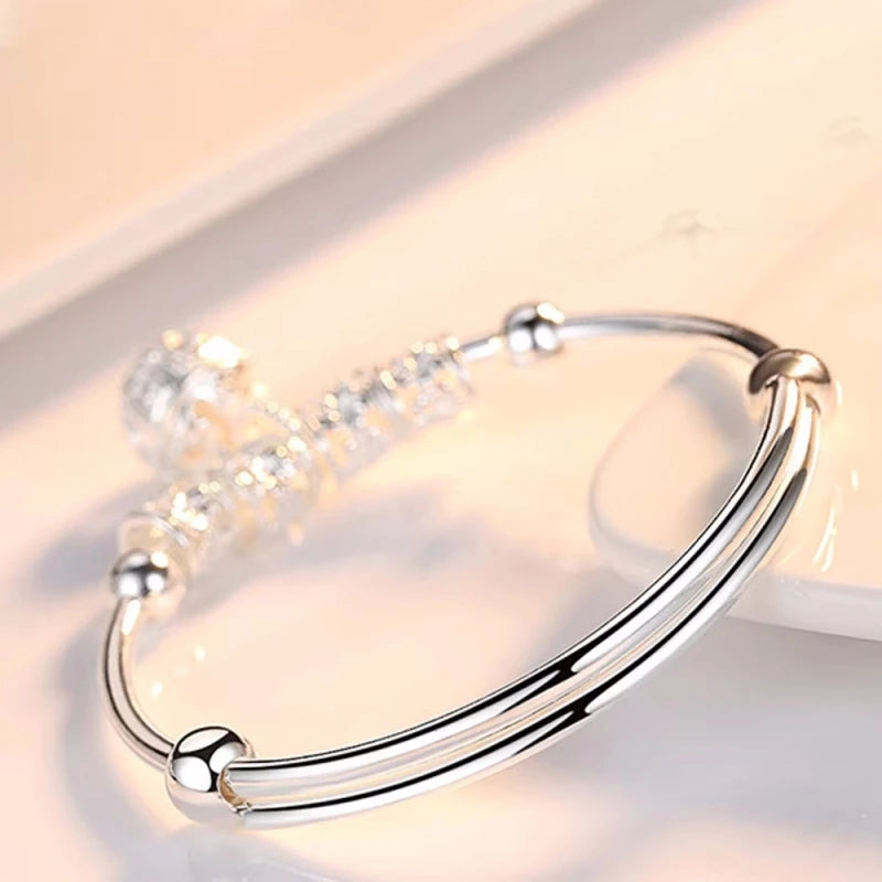 925 Sterling Silver Hollow Bells Ball Bangles Adjustable Bracelets for Women