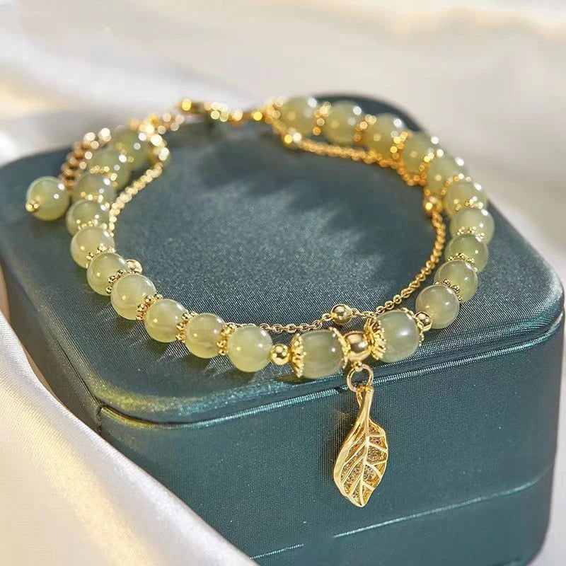 Jade & Gold Double-Chain Bracelet  Elegant Gift for Girls.