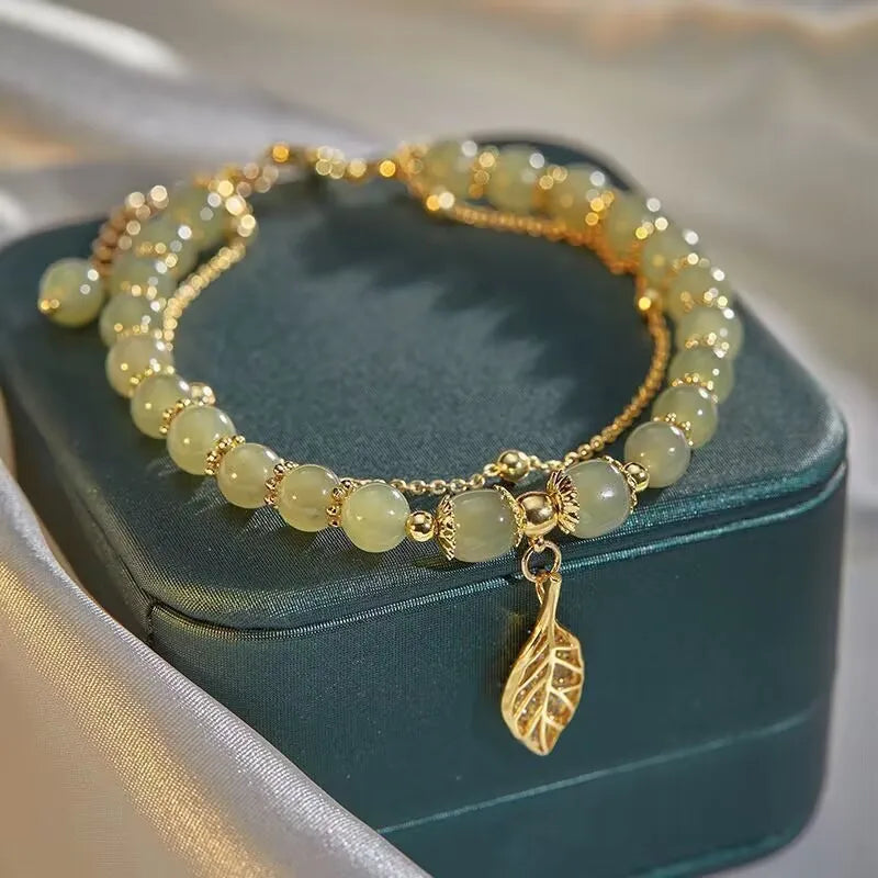 Jade & Gold Double-Chain Bracelet  Elegant Gift for Girls.