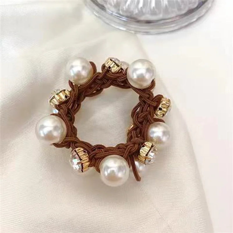 3PCS Pearl & Rhinestone Scrunchies Retro Hair Ties for Women.