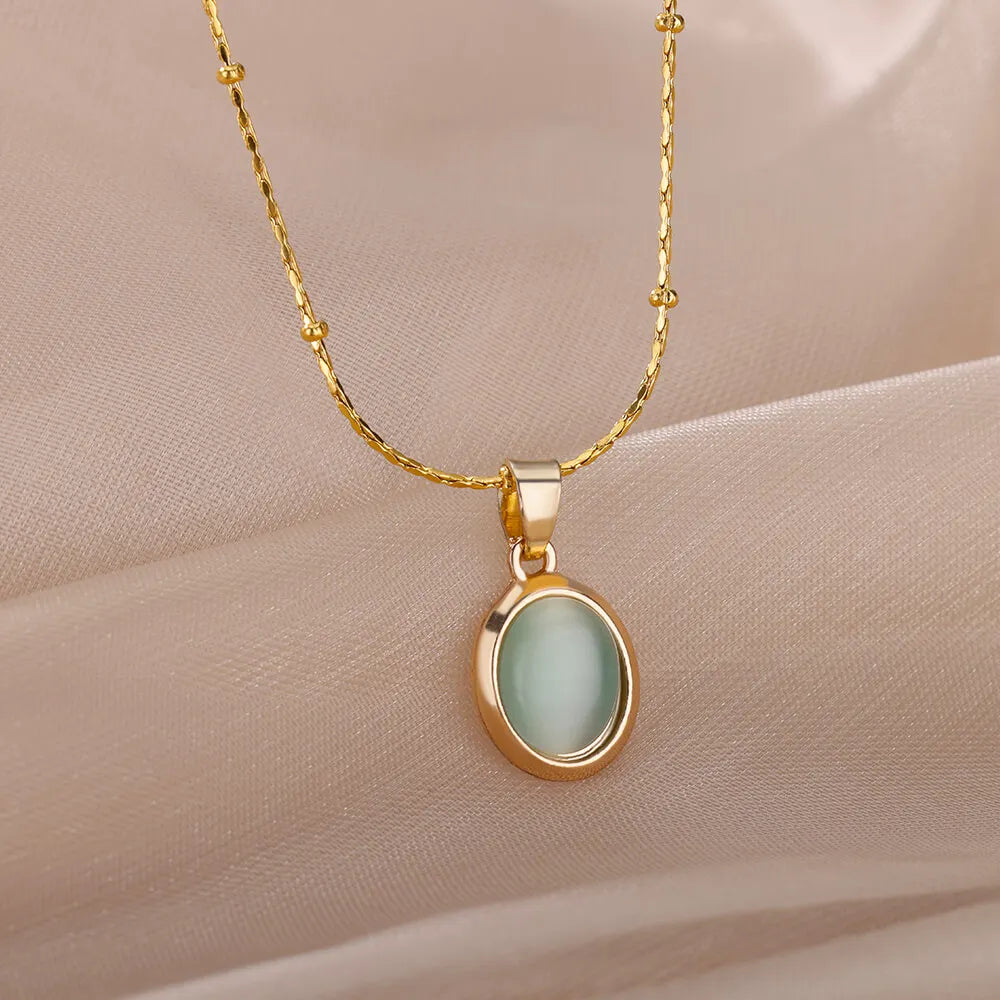 Opal Oval Necklace for Women Gold-Tone Stainless Steel.