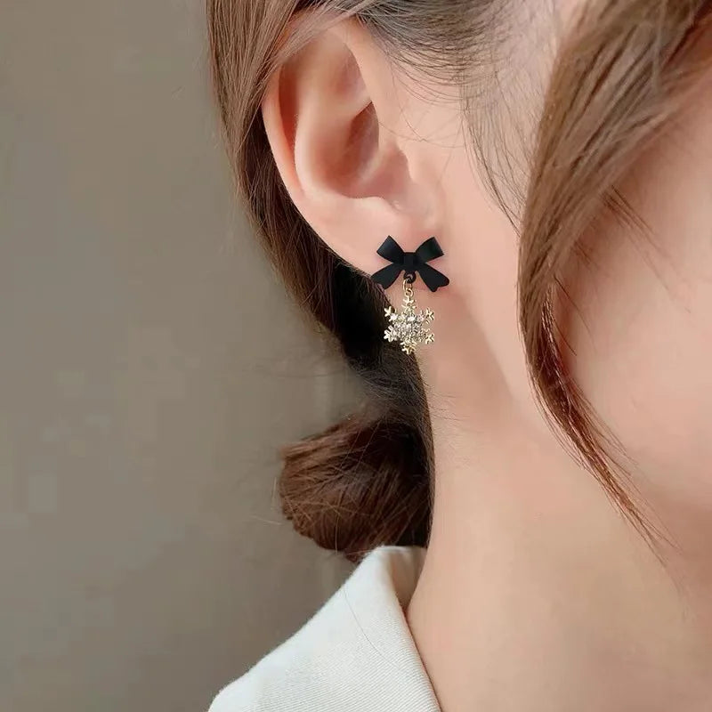 Red Bow Knot Snowflake Xmas Earrings for Women