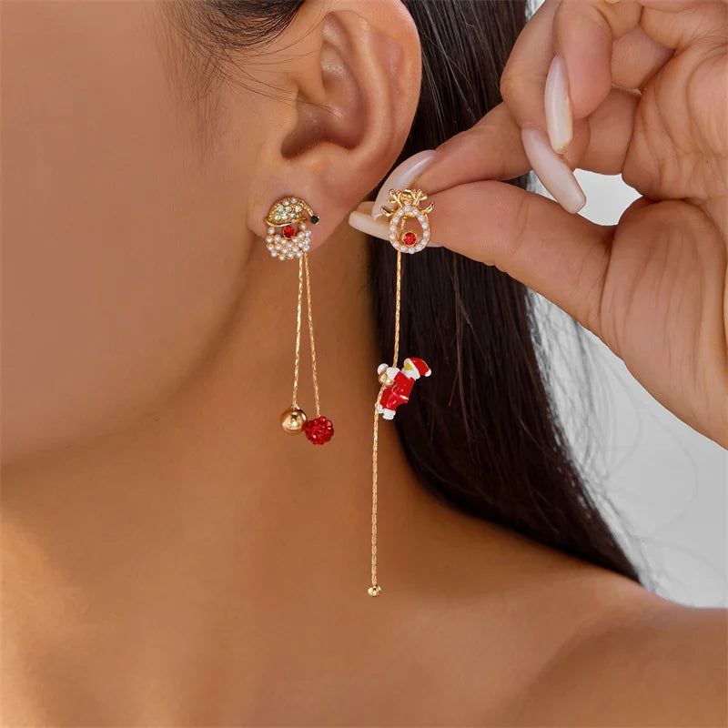 Moving Santa Tassel Dangle Earrings Asymmetric Christmas Design.