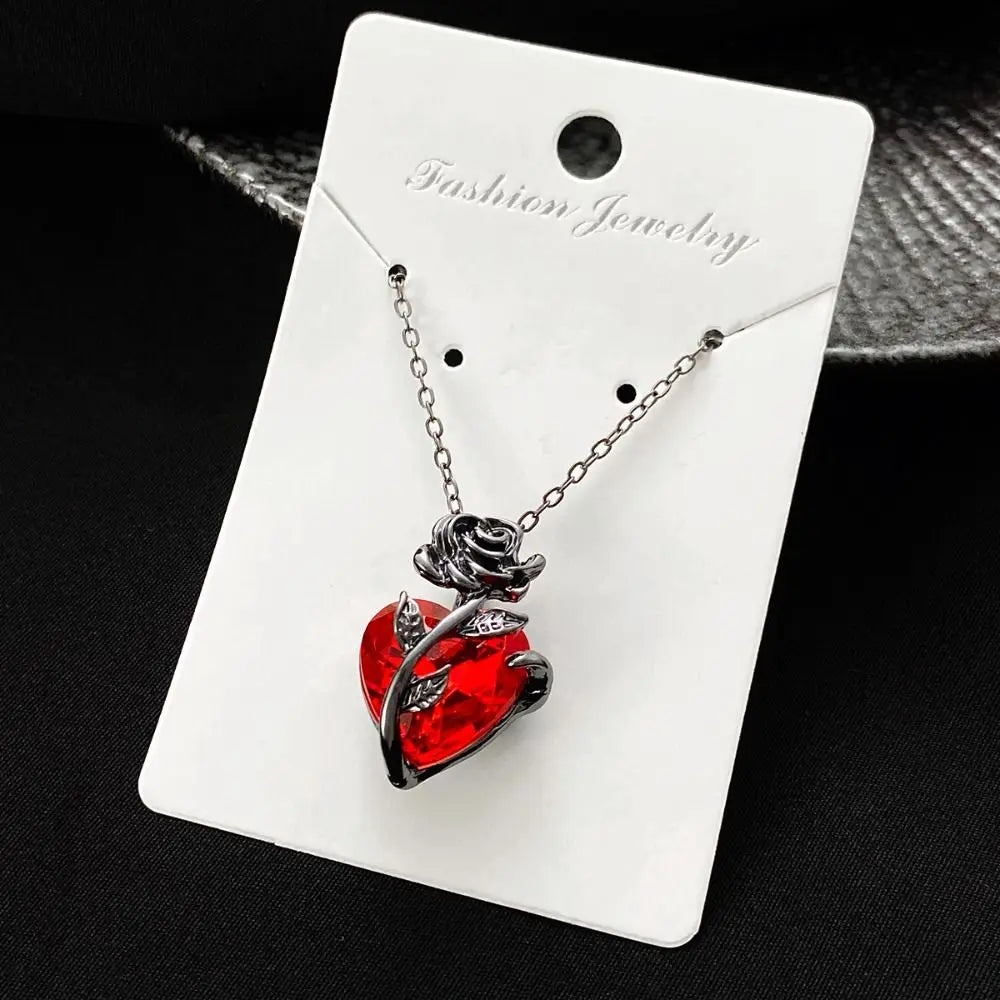 Gothic Red Heart Necklace Women’s Y2K Silver Pendant.