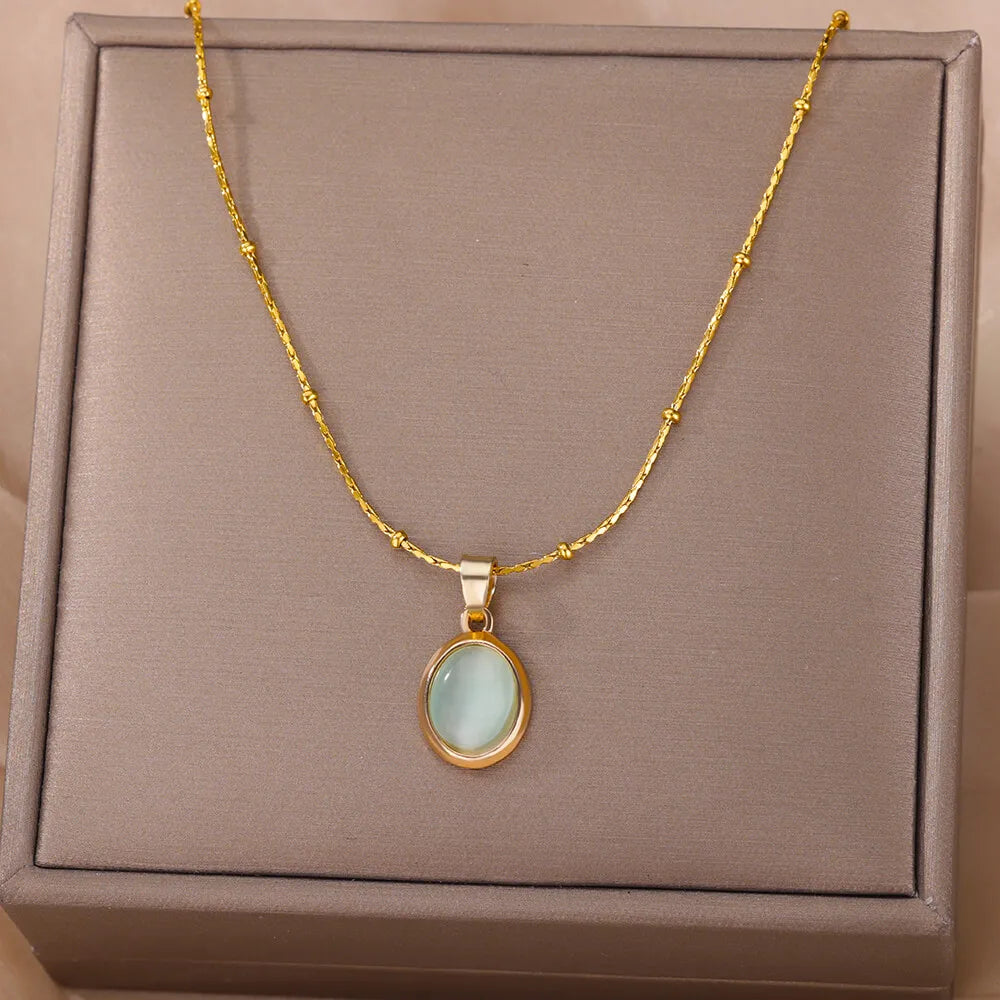 Opal Oval Necklace for Women Gold-Tone Stainless Steel.
