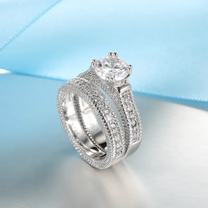 Elegant Wedding Engagement Couple Rings Set 925 Sterling Silver