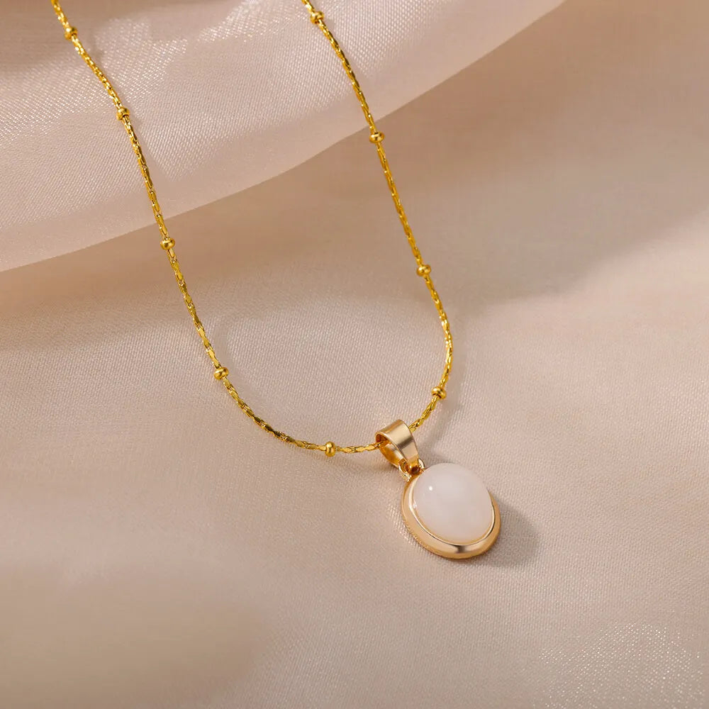 Opal Oval Necklace for Women Gold-Tone Stainless Steel.