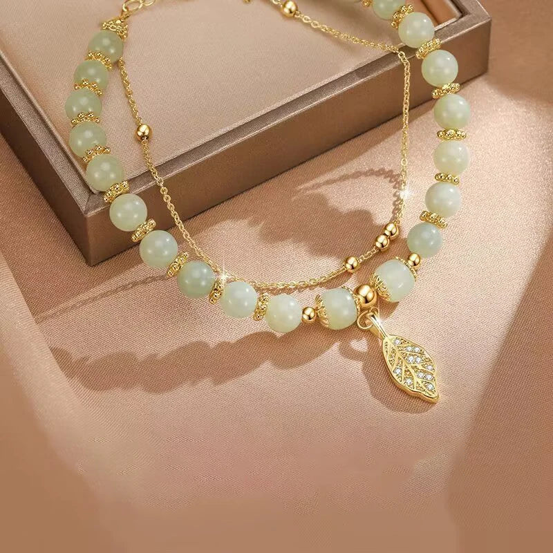 Jade & Gold Double-Chain Bracelet  Elegant Gift for Girls.