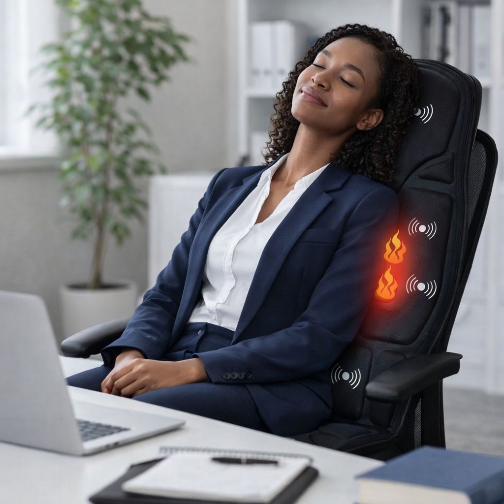 Portable vibration massage cushion for back and neck relaxation. Ideal for home, office, or car