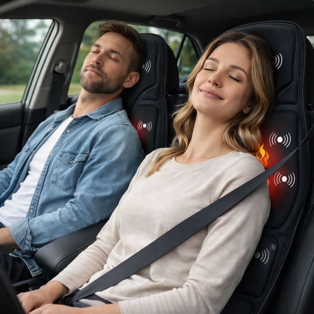 Portable vibration massage cushion for back and neck relaxation. Ideal for home, office, or car