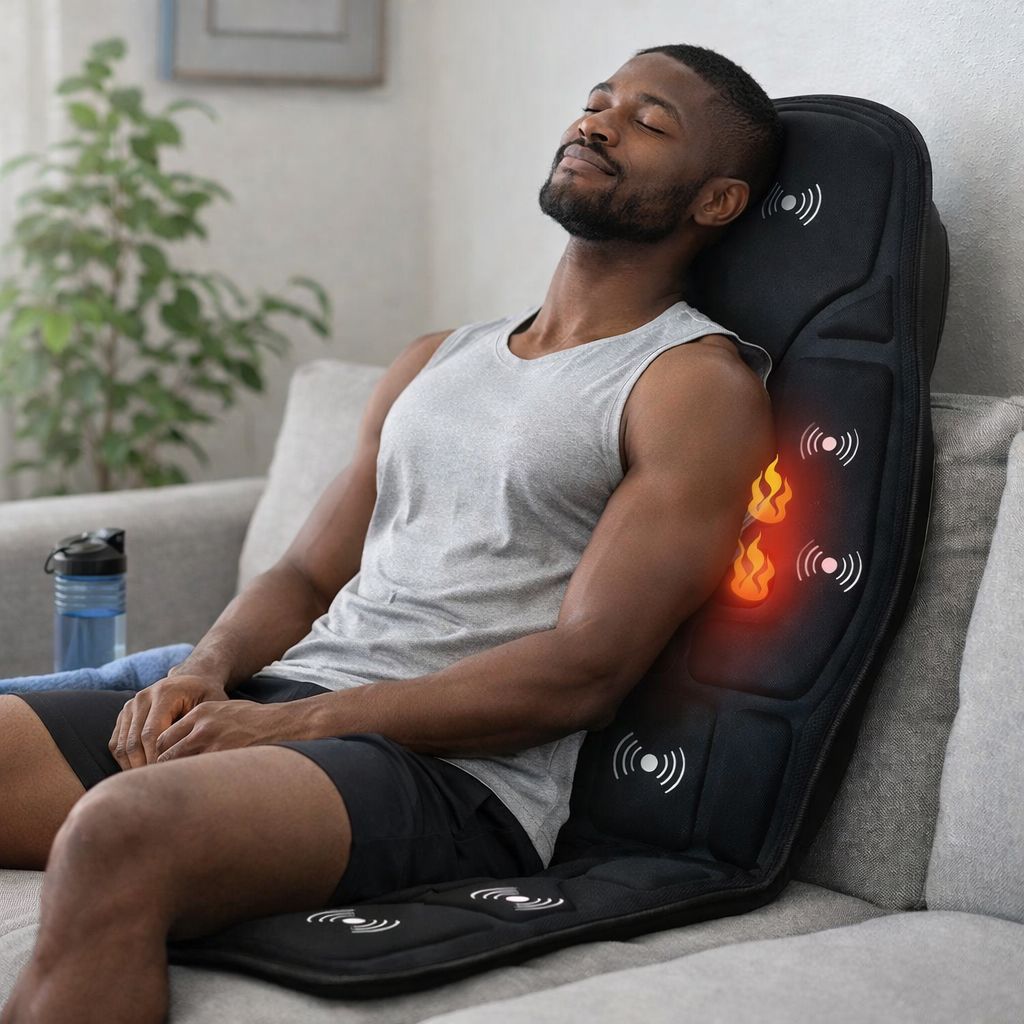 Portable vibration massage cushion for back and neck relaxation. Ideal for home, office, or car